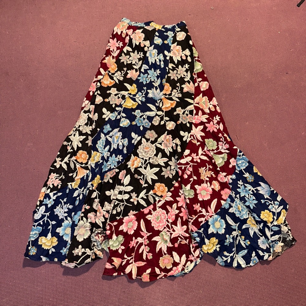 Vintage ILGWU Floral Patchwork Maxi Skirt Navy Burgundy Boho A-Line Union Made